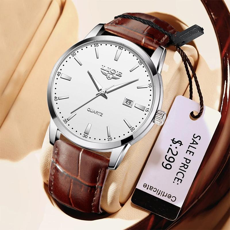 Leather Watch Band Men - LIGE Man Watch Fashion Leather Strap